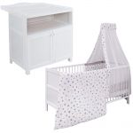 Kinderzimmer Sparset Mona mit Bett, Wickelkommode, Bettwäsche, Himmel, Nestchen, Matratze 70x140 cm - Nachthimmel - Weiß
