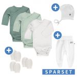 8-piece swaddle bodysuit set incl. romper pants, first hat & 3 pairs of scratch mittens - sage white - size 50/56