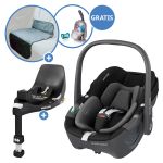 Pebble 360 i-Size swivel infant car seat from birth - 15 months (40 cm - 83 cm) incl. FamilyFix 360 Isofix base, protective mat & pacifier box - Essentiel Black