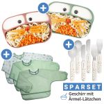 11-piece Eating Learning Set - 2x Silicone Plate + 2x Stainless Steel Cutlery + 3x Sleeve Bib - Sage Berry