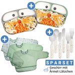 11-piece Eating Learning Set - 2x Silicone Plate + 2x Stainless Steel Cutlery + 3x Sleeve Bib - Sage Gray