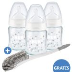 Glass bottle 3-pack First Choice Plus 120 ml + silicone teat size 1 M - Temperature Control + FREE bottle brush - stars