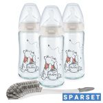 Glas-Flasche 3er Pack First Choice Plus 240 ml + Silikon-Sauger Gr. 1 M - Temperature Control + Flaschenbürste - Disney Winnie Pooh - Beige