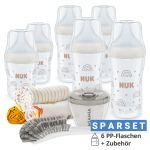 Premium PP-Flaschen-Set Perfect Match 11-tlg. - 6 Babyflaschen + Flaschenbürste + Milchpulverportionierer + 3 Spucktücher - Regenbogen - Weiß