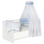 Baby-Komplettbett-Set Classic-Line inkl. Bettwäsche, Himmel, Nestchen & Matratze Weiß 70 x 140 cm - Herzchen - Hellblau